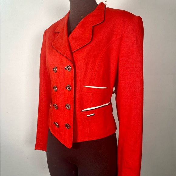 VINTAGE Austrian TYROL Dirndl Red Linen JACKET DB Military Style Silver Btns M - Picture 5 of 13
